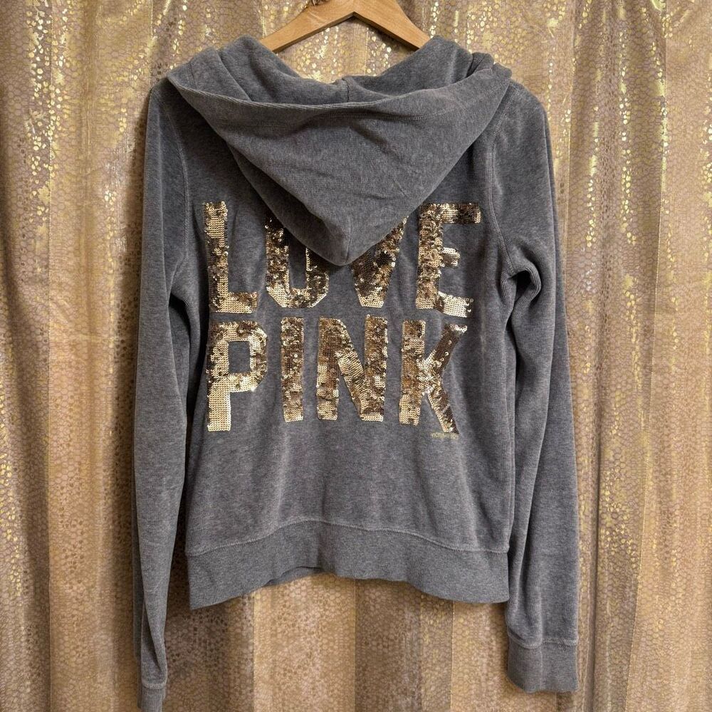 PINK Victorias Secret Y2K Gray Velour Gold Love Pink Sequin Bling Hoodie Med